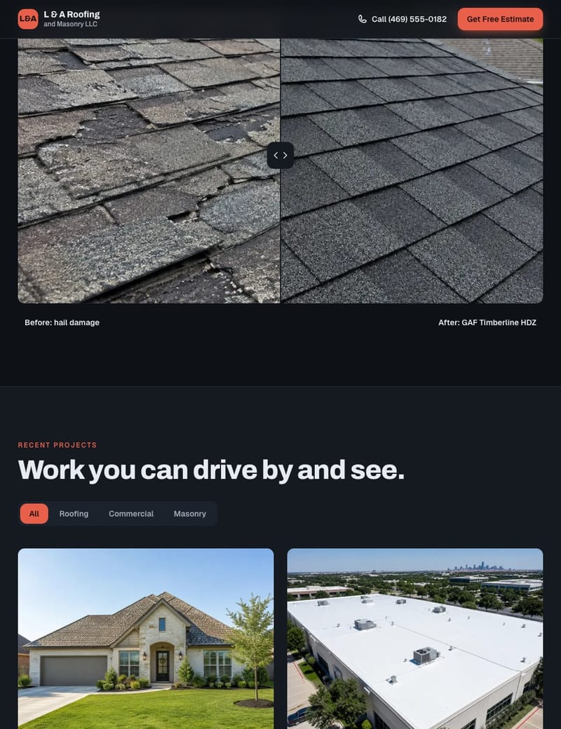 L & A Roofing website: Hail damage next to the new roof.