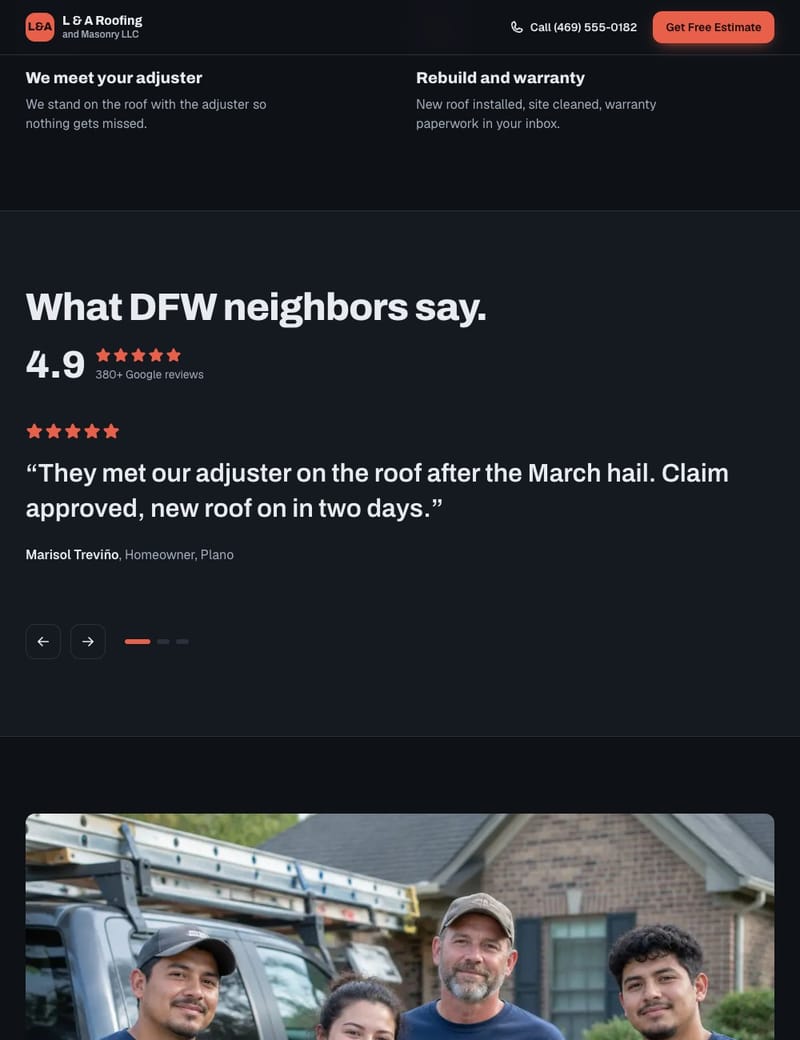 L & A Roofing website: The claim process, then the reviews.
