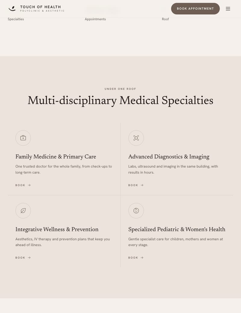 Touch of Health website: Specialties, one sentence each.